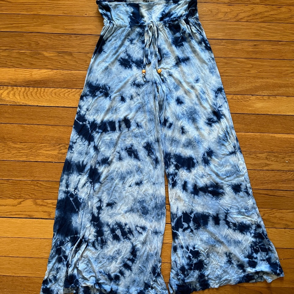 Blue Tie-Dye Wide-Leg Flowy Pants